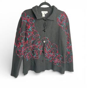 Vintage Black Wool Cardigan with Felted Squiggle Detail